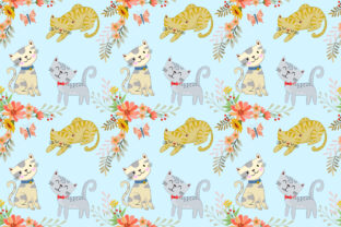 Cute Cat in Flowers Garden Pattern