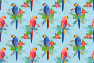 Parrots. Palm Leaves, Hibiscus Pattern.